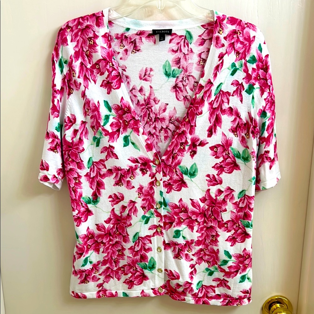 Talbots pink white & green short sleeved cardigan sweater with pearlized buttons